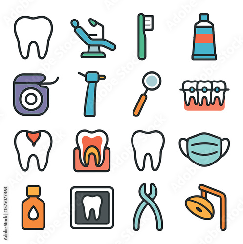 Dental Medicine modern flat .Tooth icon, dental chair, toothbrush, toothpaste, floss, dental drill, mouth mirror, braces icon, cavity chart, molar tooth, dentist mask, fluoride gel