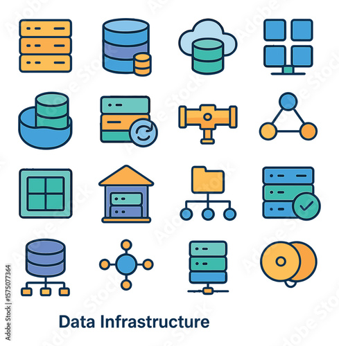 Data Infrastructure modern flat .Server rack, data warehouse, cloud database, big data cluster, data lake, backup server, data pipeline, distributed system, storage icon,