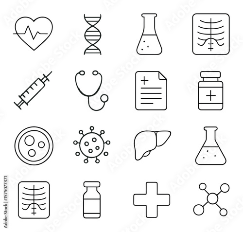Medical science line art icons. heart monitor, DNA helix, test tube, x-ray symbol, syringe icon, stethoscope, medical report, pill bottle, microscope view, virus cell, human organ,