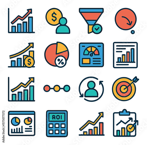 Business Growth Metrics modern flat .Revenue chart, customer acquisition cost, sales conversion rate, churn icon, ROI graph, profit margin, KPI dashboard, performance report,