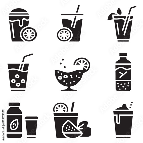Collection of black beverage icons featuring drinks with straws and fruit slices