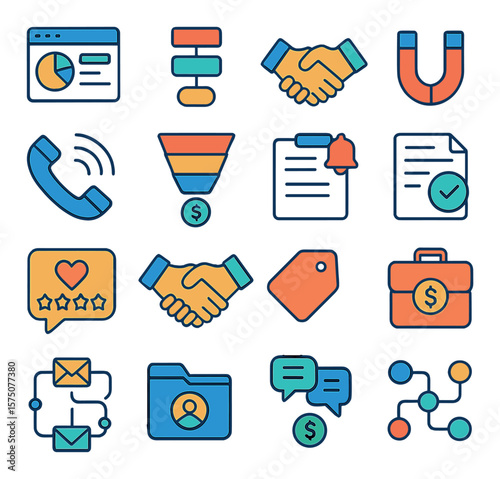 Sales Enablement modern flat .CRM dashboard, deal pipeline, handshake icon, lead magnet, cold call icon, conversion funnel, follow-up reminder, proposal doc, customer feedback,