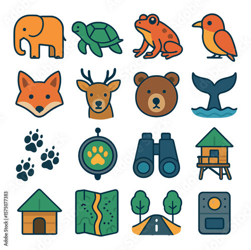 Wildlife Conservation modern flat .Elephant, turtle, rainforest frog, bird icon, fox face, deer, bear, whale tail, pawprint trail, animal tracker, binoculars, forest watch, ranger