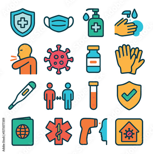 Disease prevention modern flat .shield with cross, mask, hand sanitizer, soap and water, sneeze etiquette, virus cell, vaccine vial, gloves, health screening, social distancing,