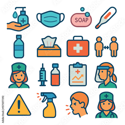 Health and safety modern flat .hand sanitizer, mask, soap, thermometer, water bottle, tissue box, first aid kit, social distance icon, nurse symbol, vaccine icon, health chart,