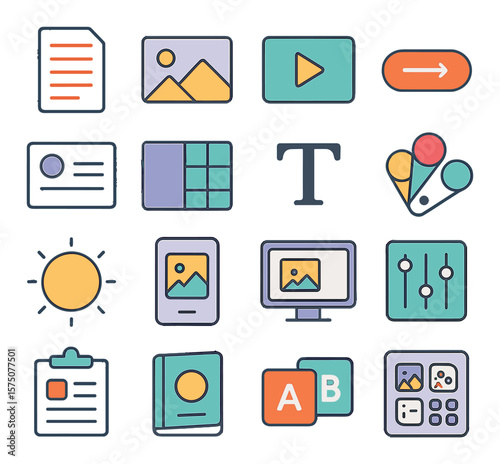 Ad Creative Elements modern flat .Ad copy, image placeholder, video frame, CTA icon, logo space, layout grid, typography tool, color palette, animation icon, mobile preview,