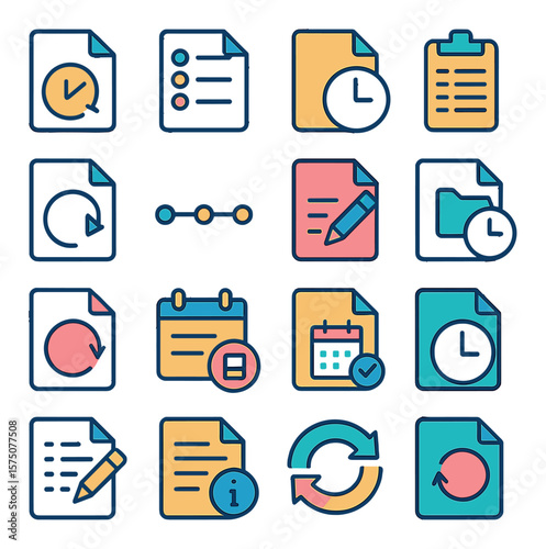 File History and Tracking modern flat .File version, version list, history clock, change log, revert file, timeline view, edit history, compare versions, restore point, auto-save,