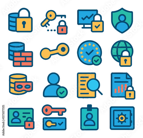 Security & Privacy modern flat .Data lock, encryption icon, secure analytics, privacy shield, firewall around data, access key, GDPR compliance, secure connection, masked data,