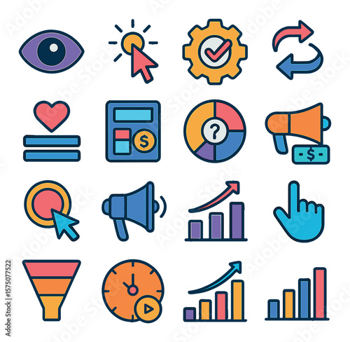 Campaign Performance Metrics modern flat .Impression count, click-through rate, conversion icon, bounce rate, engagement level, ROI calculator, traffic source, ad spend,