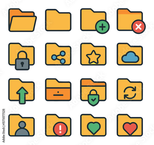 Folder Manager Tools modern flat .open folder, closed folder, new folder, deleted folder, locked folder, shared folder, starred folder, cloud folder, upload folder, download folder