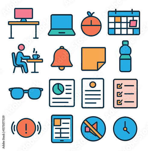 Work focus tools modern flat .standing desk, laptop, Pomodoro timer, calendar board, break icon, bell, post-it note, water bottle, blue light glasses, focus chart, daily goal sheet