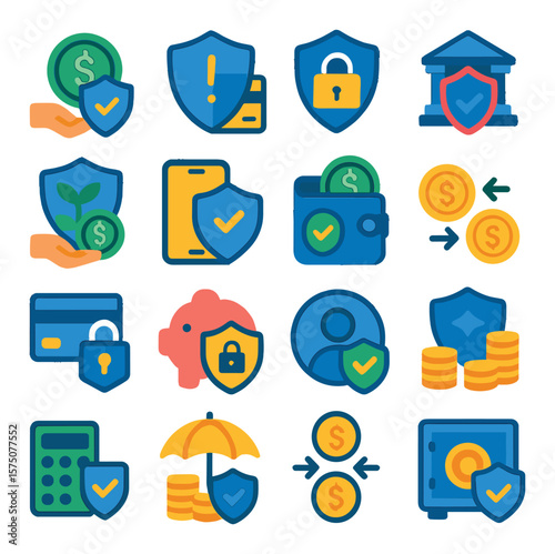 Financial Safety modern flat .Money shield, fraud protection, credit card guard, bank security, investment shield, secure transaction, digital wallet shield, safe transfer,