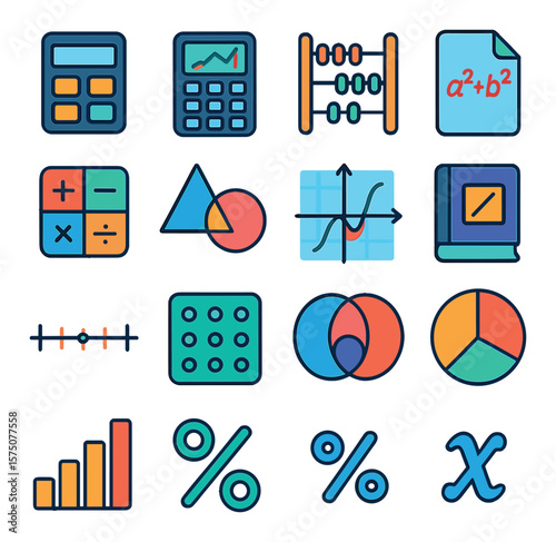 Mathematical tools modern flat .calculator, graphing calculator, abacus, math formula sheet, equation icon, algebra symbols, geometric shapes, function graph, math textbook, number