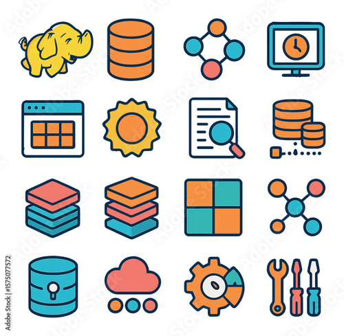 Big Data Ecosystem modern flat .Hadoop elephant icon, data node, ecosystem diagram, job scheduler, metadata catalog, open source badge, log analysis, distributed compute, tech