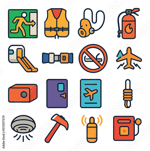 Aircraft safety modern flat .emergency exit, life vest, oxygen mask, fire extinguisher, evacuation slide, seatbelt sign, no smoking sign, turbulence warning, black box, cockpit