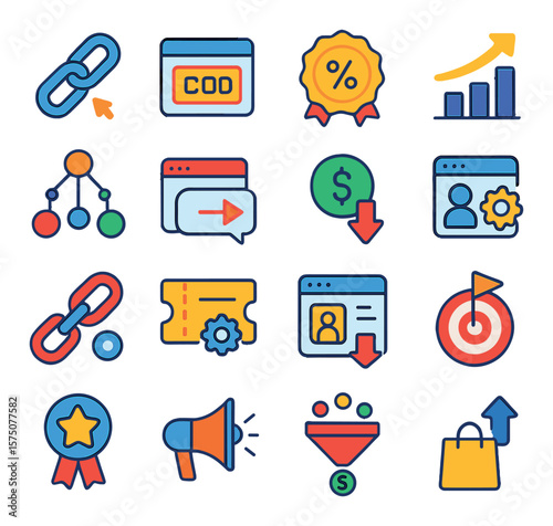 Affiliate and Referral Ads modern flat .Affiliate link, referral code, commission badge, earnings graph, partner network, referral traffic, payout icon, affiliate program, track