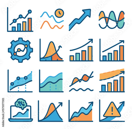 Predictive analytics modern flat .forecast chart, time series icon, trend arrow, seasonal curve, predictive gear, probability chart, scenario model, future bar, forecast interval,