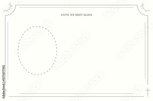 Funeral card. Blank cream layout with delicate botanical corner illustrations.