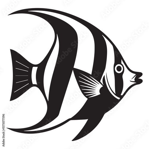Stylized black and white illustration of a moorish idol fish swimming