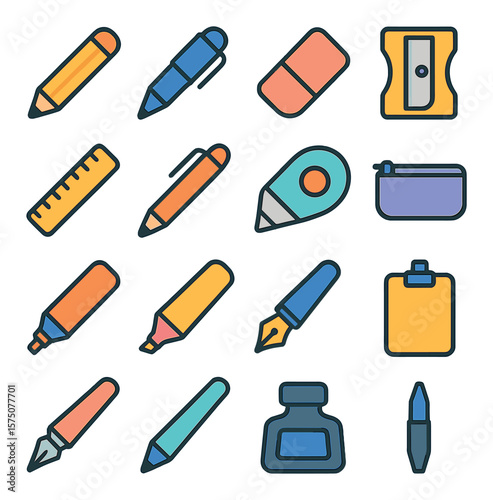 Writing essentials modern flat .pencil, pen, eraser, sharpener, ruler, mechanical pencil, correction tape, pencil case, marker, highlighter, fountain pen, graphite lead, drafting