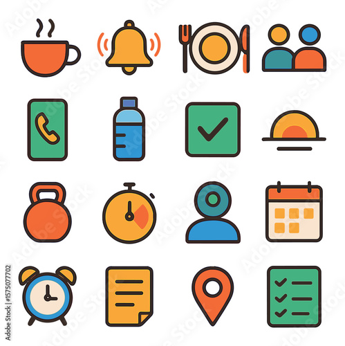 Daily planner visuals modern flat .coffee cup, morning bell, lunch plate, meeting icon, phone call, water intake, task checkbox, end-of-day icon, workout reminder, break timer,