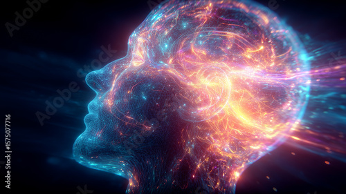 A dynamic Creativity Burst illustration of a head illuminated by flowing neural energy, representing imaginative brainpower and innovation.
