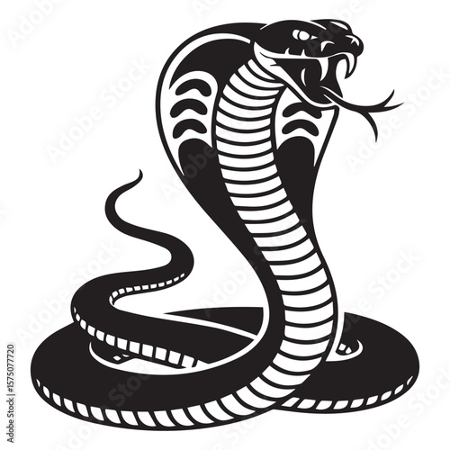 Stylized black cobra snake with hood expanded and fangs bared