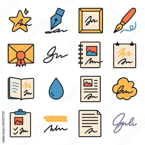 Creative Signing Themes modern flat .Autograph star, calligraphy pen, signed artwork, pen flourish, envelope seal, signature stroke, sketch pad, exhibition paper, creative journal,