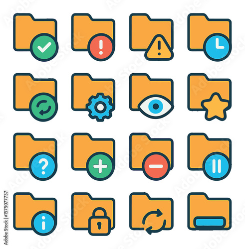 Folder Status Indicators modern flat .folder with checkmark, folder with exclamation mark, folder with warning triangle, folder with clock, folder with sync arrows, folder with