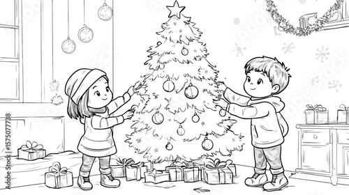 Festive Kids Decorating Christmas Tree on Christmas Day