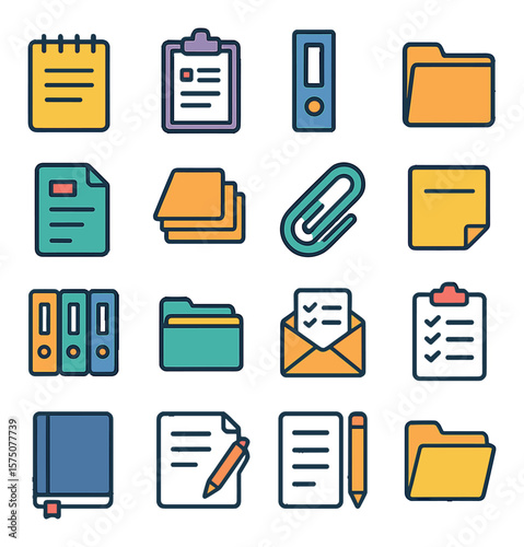Documentation Tools modern flat .notepad, clipboard, binder, folder, document file, stack of papers, paperclip, sticky note, ring binder, tabbed file, envelope with documents,