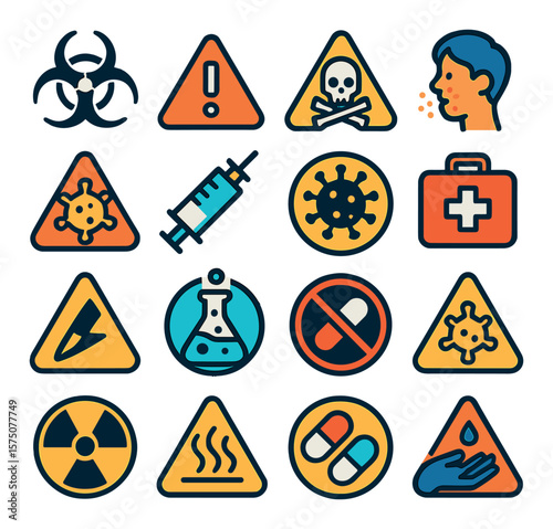 Medical and Health Hazards modern flat .Biohazard symbol, medical alert, toxic substance warning, allergy alert, infection risk, emergency syringe, quarantine icon, first aid