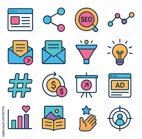 Marketing and content modern flat .blog post, social share icon, SEO symbol, analytics graph, email campaign, newsletter icon, marketing funnel, creative campaign lightbulb,
