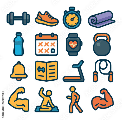 Fitness planner items modern flat .dumbbell, running shoe, stopwatch, yoga mat, water bottle, calendar with workout marks, heart rate watch, kettlebell, reminder bell, fitness log,