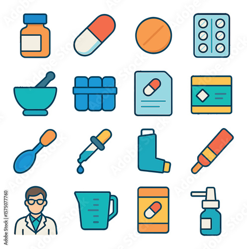 Pharmacy & Drugs modern flat .Medicine bottle, capsule, tablet, blister pack, mortar and pestle, pill organizer, prescription paper, drug box, dosage spoon, dropper, inhaler,