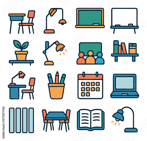 Learning environment modern flat .student desk, chair, chalkboard, whiteboard, plant on shelf, daylight lamp, classroom icon, bookshelf, study corner, cup with pens, wall calendar,