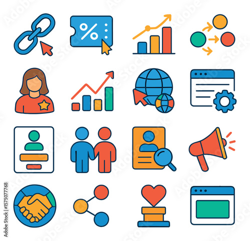 Affiliate and Influencer Marketing modern flat .Affiliate link, promo code, commission chart, referral path, influencer badge, earnings graph, traffic referral, UTM builder, signup