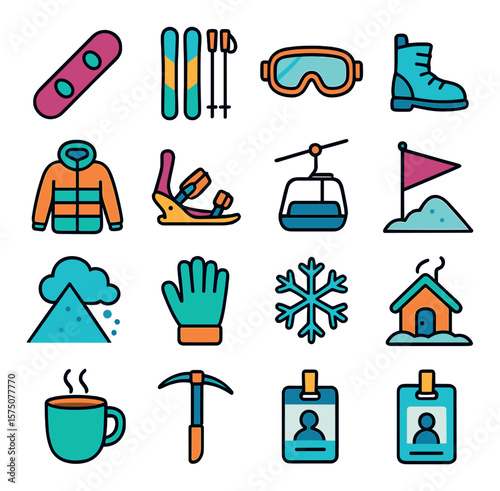 Winter Sports modern flat .Snowboard, skis, ski poles, snow goggles, snow boots, winter jacket, snowboard bindings, ski lift, trail flag, avalanche icon, thermal gloves, snowflake