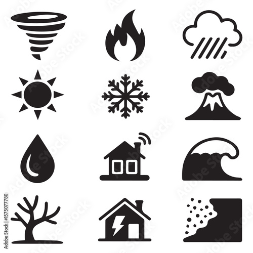 Collection of nature and weather disaster icons representing natural forces and environmental events