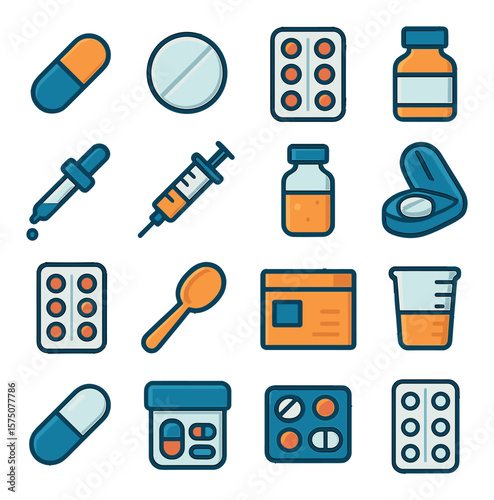 Pharmaceutical items modern flat .capsule pill, round tablet, pill blister, medicine bottle, liquid dropper, syringe, injection vial, pill cutter, pill pack, dosage spoon, drug box