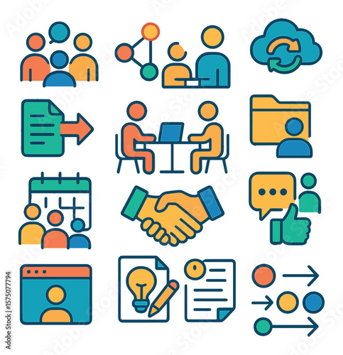 Creative collaboration modern flat .team discussion icon, mind map, idea exchange, cloud sync, document sharing, co-working desk, handshakes, network nodes, shared folder, group
