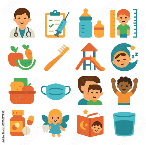 Children's health modern flat .pediatrician icon, immunization chart, baby bottle, growth chart, healthy snacks, toothbrush, playground icon, sleep schedule, school lunch box,