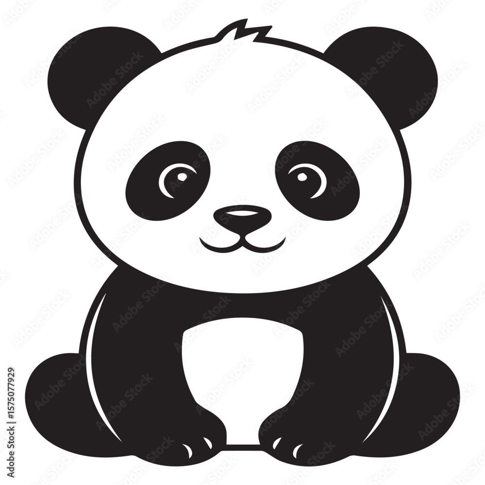 Obraz premium Cute cartoon panda sitting and smiling with black and white illustration