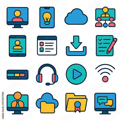 Online learning modern flat .video lecture, mobile learning, cloud icon, virtual classroom, login screen, online quiz, download content, digital notes, progress bar, headphones,