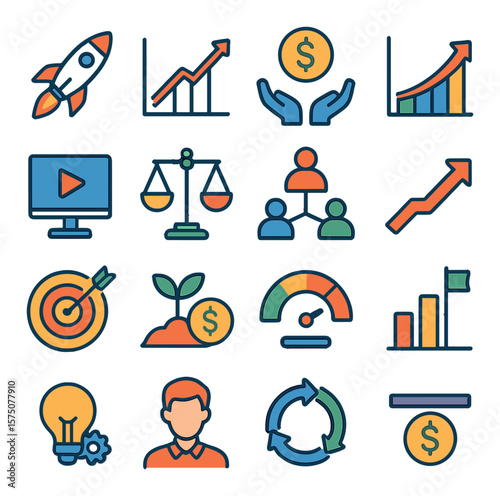 Startup growth elements modern flat .launch icon, pitch graph, investment round, revenue curve, product demo, scale chart, team structure, traction arrow, profit target, seed