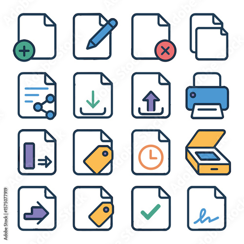 Documentation Actions modern flat .add document, edit document, delete document, duplicate file, share document, download file, upload doc, print file, compress doc, rename file,