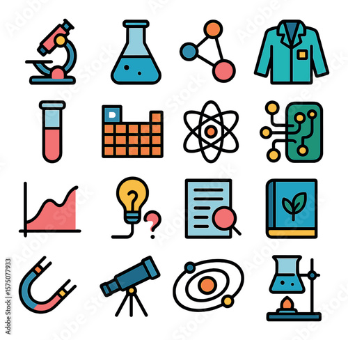 Science learning modern flat .microscope, beaker, molecule, lab coat, test tube, periodic table, atom symbol, circuit board, graph chart, hypothesis icon, research document,
