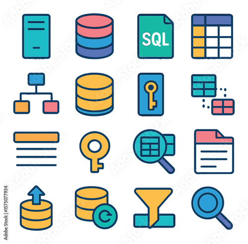 Database elements modern flat .server tower, data stack, SQL symbol, table grid, schema diagram, database cylinder, key column, relational link, record row, primary key icon, query