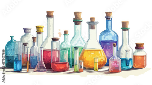 Professional Laboratory Glassware on Table with Flasks for Testing