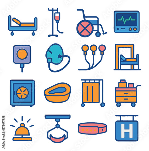 Hospital Equipment modern flat .Hospital bed, IV pole, wheelchair, medical monitor, nurse call button, oxygen mask, ECG leads, hospital room icon, sterilization unit, bedpan,